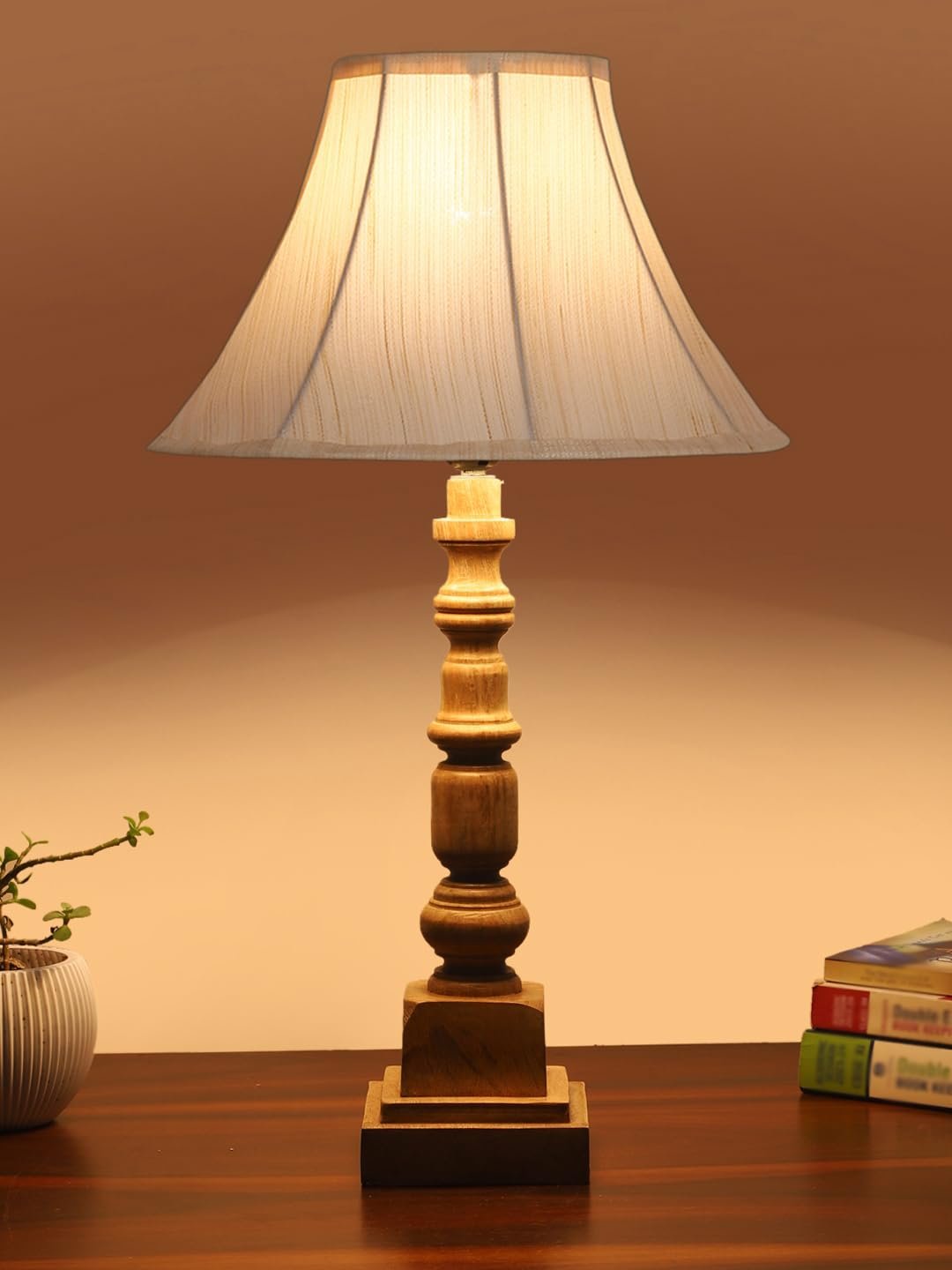 Off White- Platinum Shade Cotton Table Lamp with Wooden Base - Height 22 Inches/Without Bulb | for Living Room, Bedroom Decoration, Home Decor, Gifting | Decorative Bedside & Desk Table Lamp