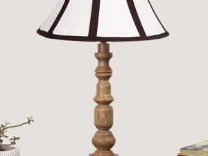 White & Brown Cotton Shade Table Lamp with Wooden Natural Base - Height 22 Inches/Without Bulb | for Living Room, Bedroom Decoration, Home Decor, Gifting | Decorative Bedside & Desk Table Lamp