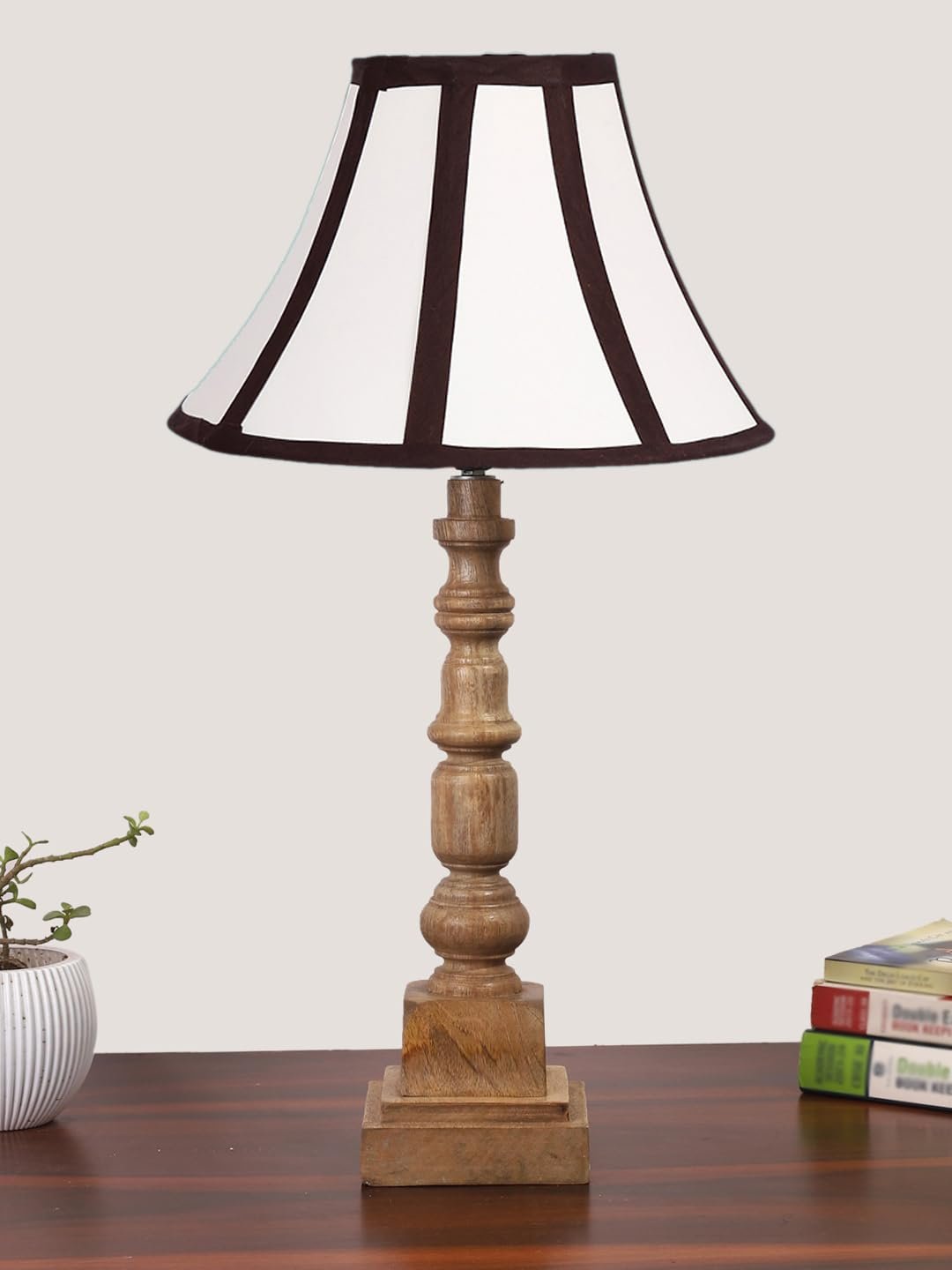 White & Brown Cotton Shade Table Lamp with Wooden Natural Base - Height 22 Inches/Without Bulb | for Living Room, Bedroom Decoration, Home Decor, Gifting | Decorative Bedside & Desk Table Lamp