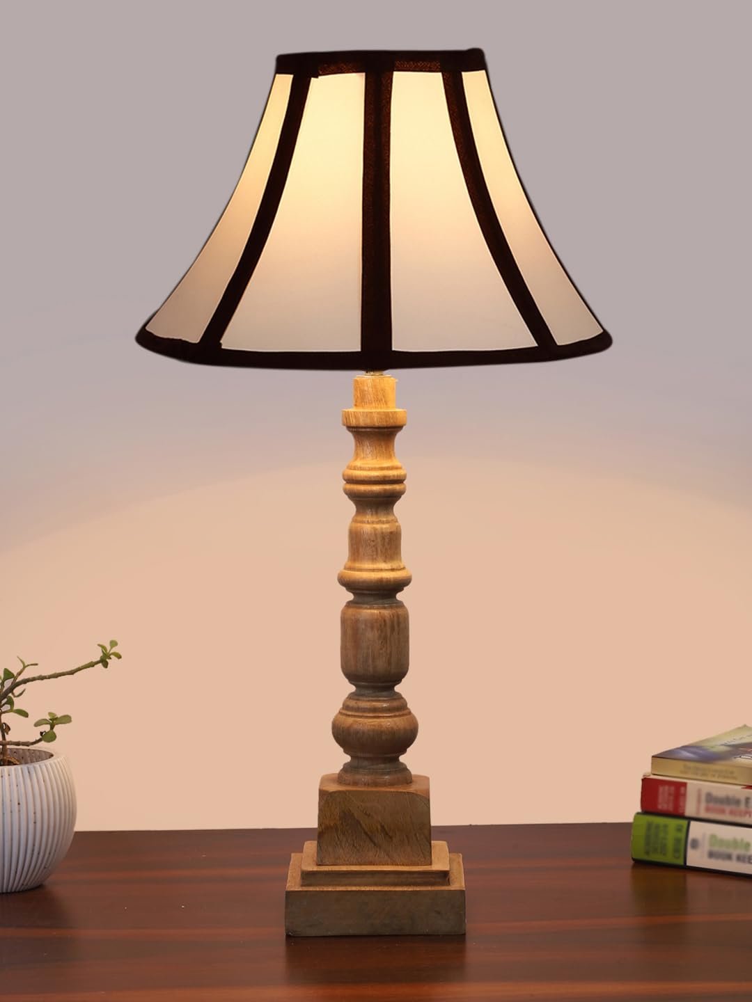 White & Brown Cotton Shade Table Lamp with Wooden Natural Base - Height 22 Inches/Without Bulb | for Living Room, Bedroom Decoration, Home Decor, Gifting | Decorative Bedside & Desk Table Lamp