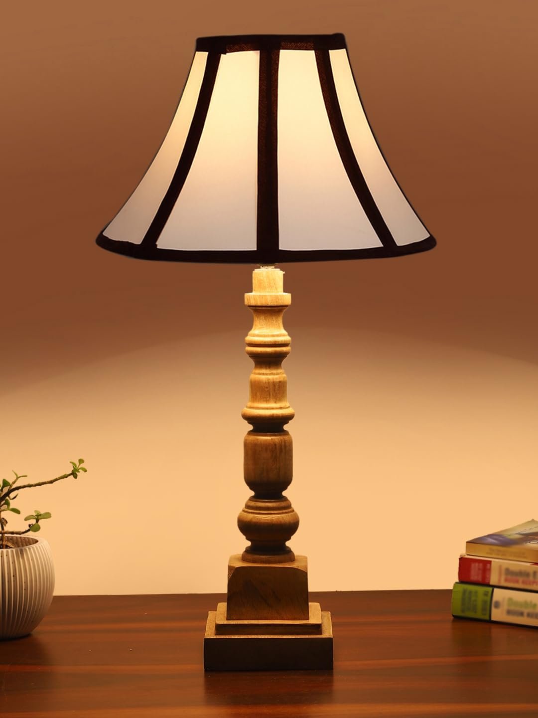 White & Brown Cotton Shade Table Lamp with Wooden Natural Base - Height 22 Inches/Without Bulb | for Living Room, Bedroom Decoration, Home Decor, Gifting | Decorative Bedside & Desk Table Lamp