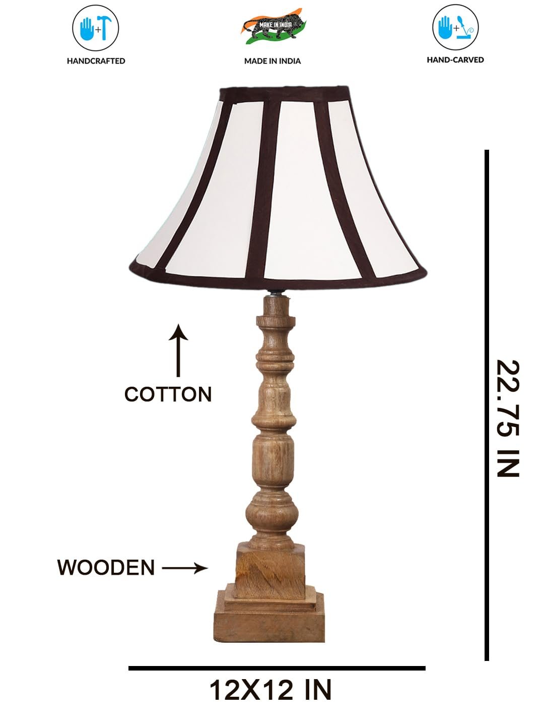 White & Brown Cotton Shade Table Lamp with Wooden Natural Base - Height 22 Inches/Without Bulb | for Living Room, Bedroom Decoration, Home Decor, Gifting | Decorative Bedside & Desk Table Lamp