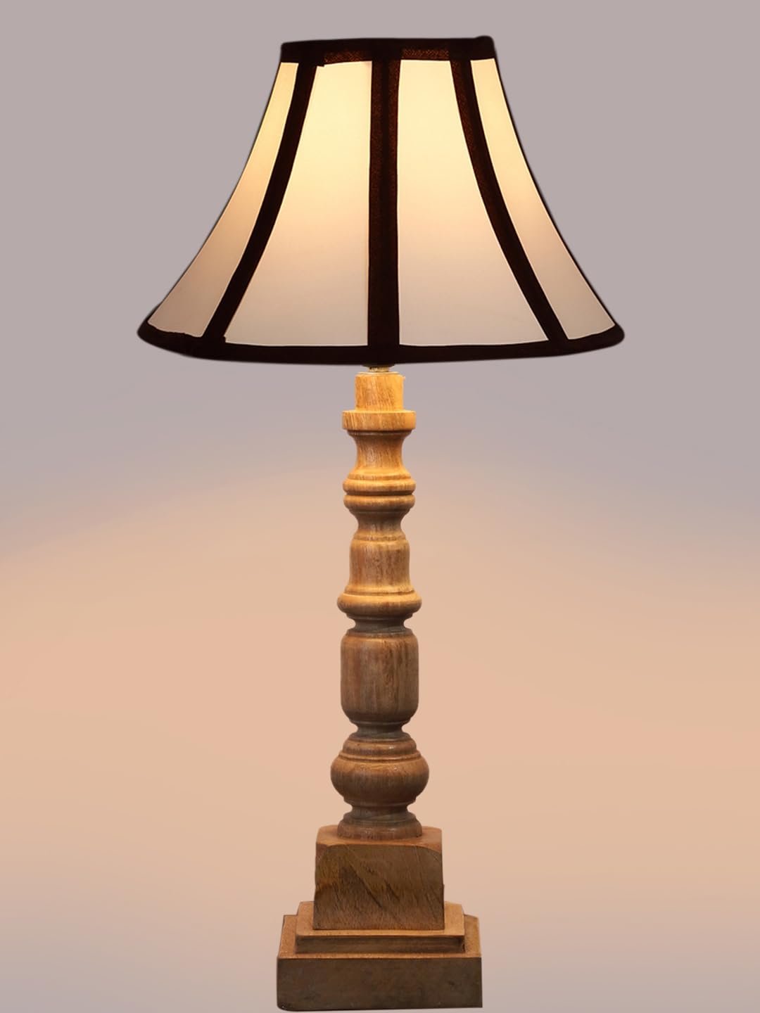 White & Brown Cotton Shade Table Lamp with Wooden Natural Base - Height 22 Inches/Without Bulb | for Living Room, Bedroom Decoration, Home Decor, Gifting | Decorative Bedside & Desk Table Lamp