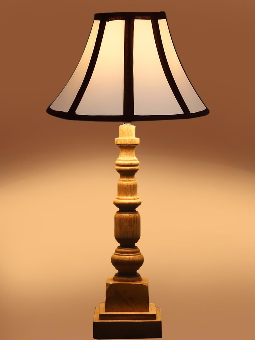 White & Brown Cotton Shade Table Lamp with Wooden Natural Base - Height 22 Inches/Without Bulb | for Living Room, Bedroom Decoration, Home Decor, Gifting | Decorative Bedside & Desk Table Lamp