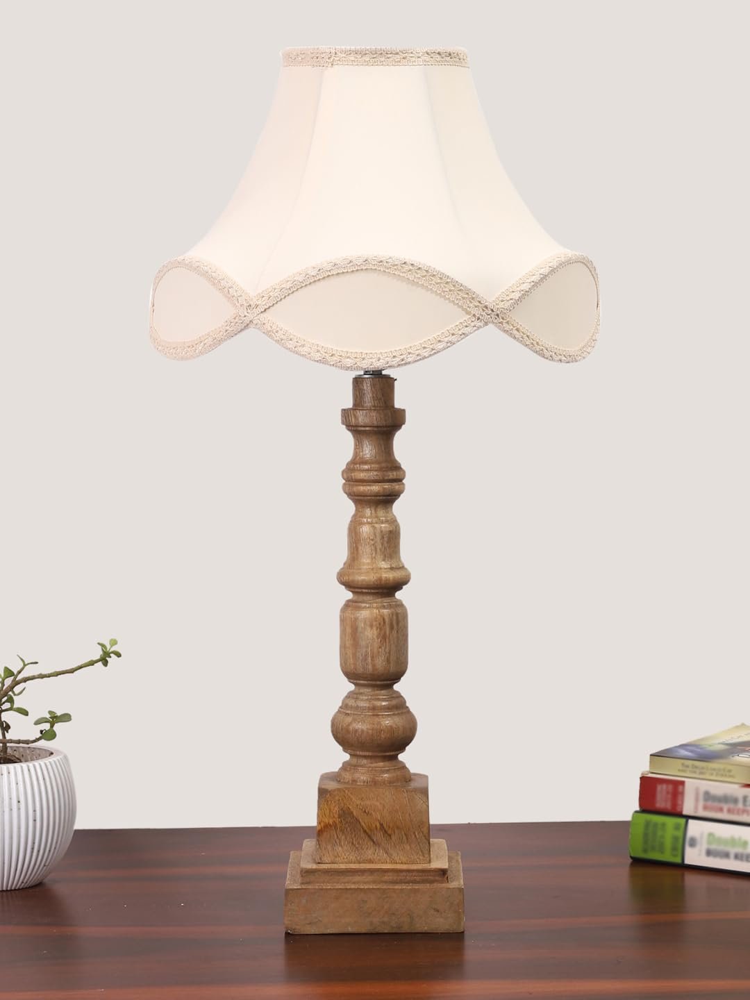 Linen Cotton Shade Table Lamp with Wooden Natural Base - Height 23 Inches/Without Bulb | for Living Room, Bedroom Decoration, Home Decor, Gifting | Decorative Bedside & Desk Table Lamp