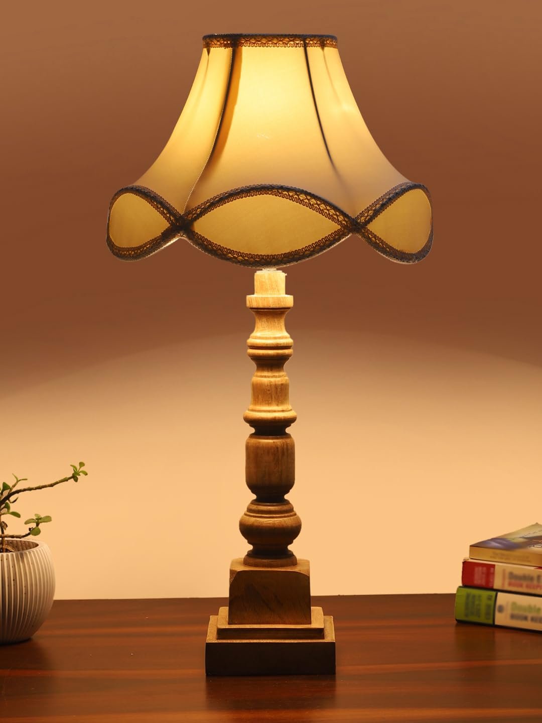 Linen Cotton Shade Table Lamp with Wooden Natural Base - Height 23 Inches/Without Bulb | for Living Room, Bedroom Decoration, Home Decor, Gifting | Decorative Bedside & Desk Table Lamp