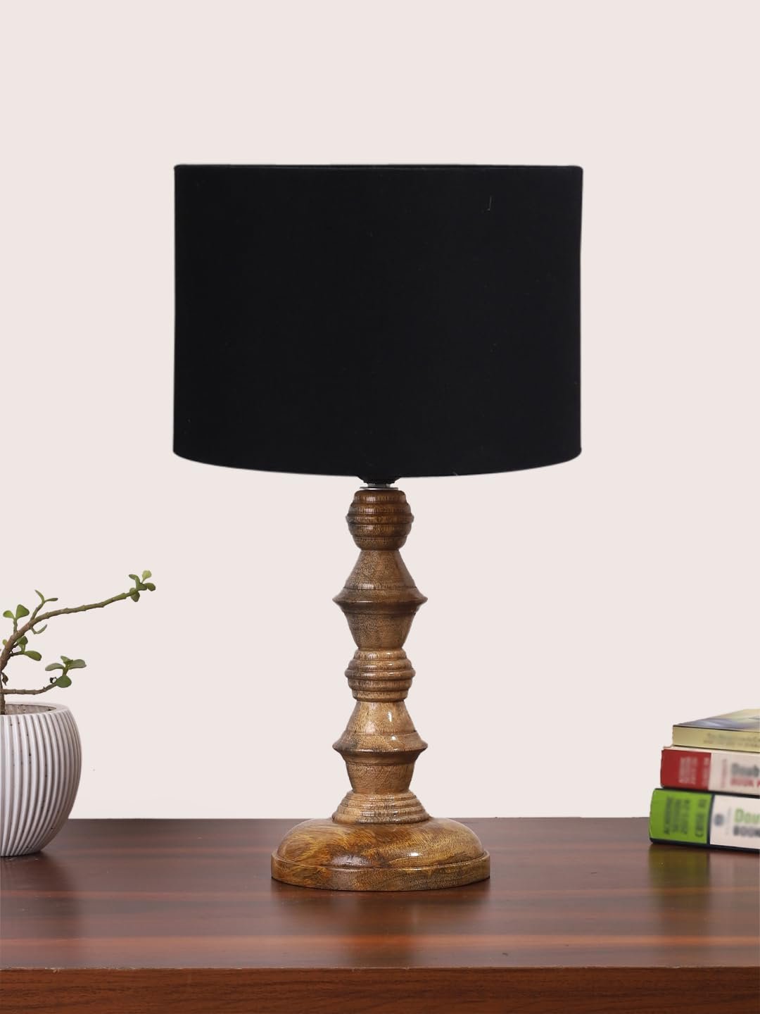 Black Cotton Shade Table Lamp with Wooden Base (Height 15.5 Inches, Without Bulb) | Elegant Bedside & Desk Lamp for Living Room, Bedroom, Home Decor, Office & Gift | Decorative Lighting Lamp