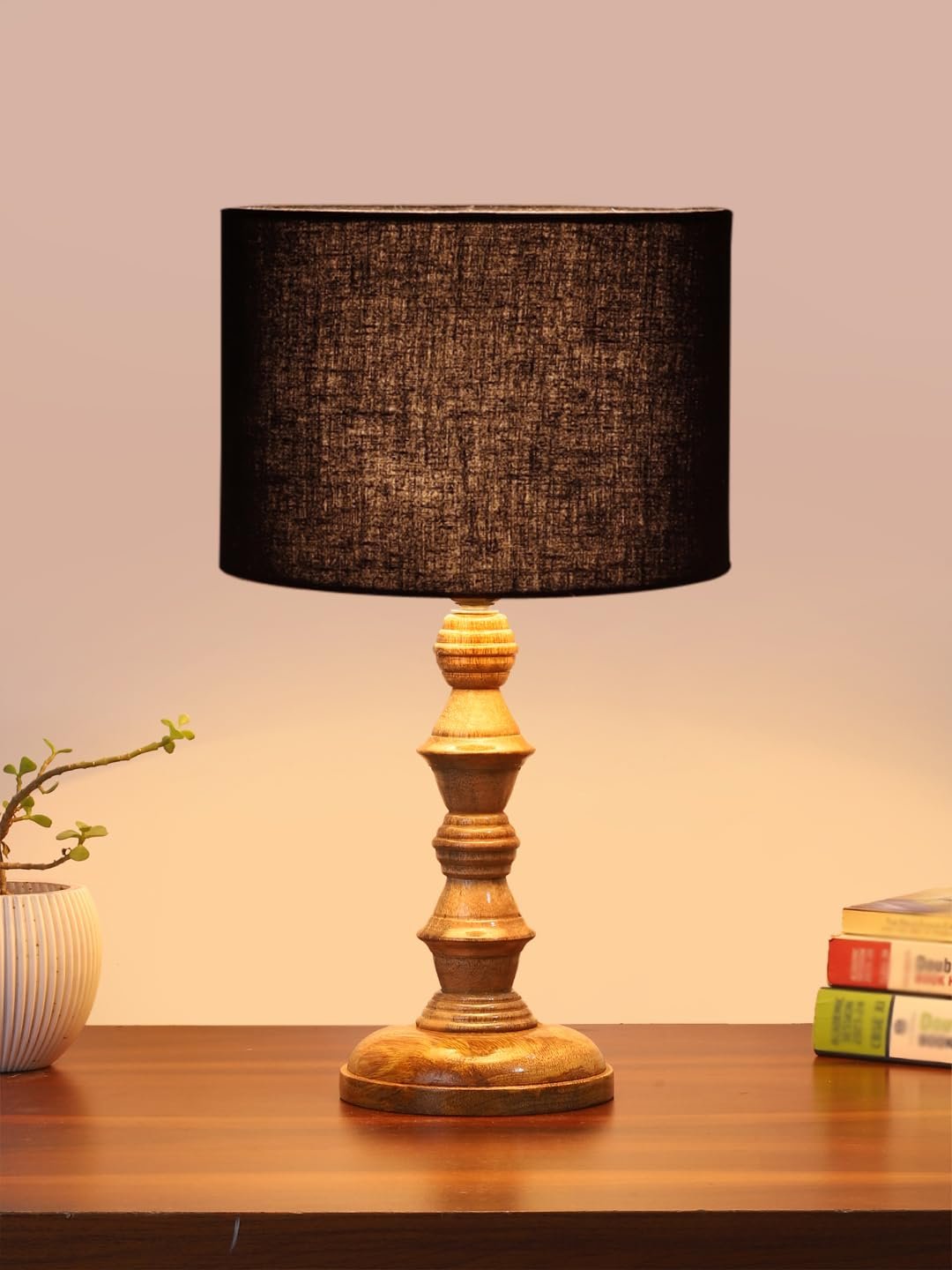 Black Cotton Shade Table Lamp with Wooden Base (Height 15.5 Inches, Without Bulb) | Elegant Bedside & Desk Lamp for Living Room, Bedroom, Home Decor, Office & Gift | Decorative Lighting Lamp