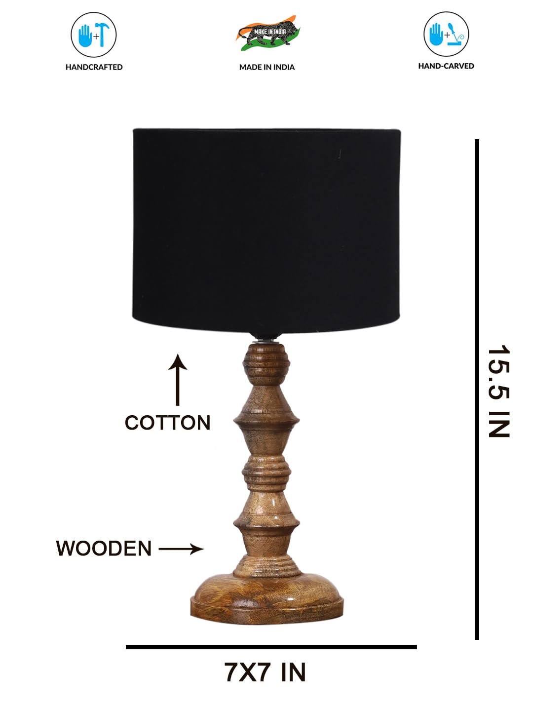 Black Cotton Shade Table Lamp with Wooden Base (Height 15.5 Inches, Without Bulb) | Elegant Bedside & Desk Lamp for Living Room, Bedroom, Home Decor, Office & Gift | Decorative Lighting Lamp