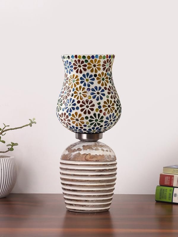 Multicolor Table Lamp | Artistic Mosaic Glass with Sturdy Wood Base | Decorative Ambient Light for Home D�cor | Perfect Blend of Modern & Traditional Style - Model DJC04