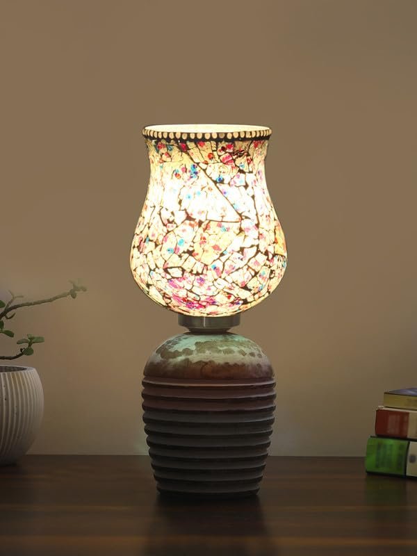 Multicolor Table Lamp | Artistic Mosaic Glass with Sturdy Wood Base | Decorative Ambient Light for Home D�cor | Perfect Blend of Modern & Traditional Style - Model DJC16