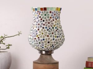 Multicolor Table Lamp | Artistic Mosaic Glass with Sturdy Wood Base | Decorative Ambient Light for Home D�cor | Perfect Blend of Modern & Traditional Style - Model DJE02
