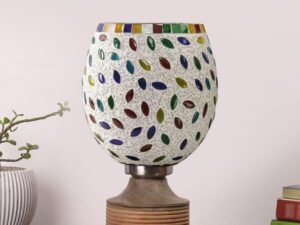 Multicolor Table Lamp | Artistic Mosaic Glass with Sturdy Wood Base | Decorative Ambient Light for Home D�cor | Perfect Blend of Modern & Traditional Style - Model DJE06