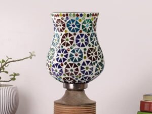 Multicolor Table Lamp | Artistic Mosaic Glass with Sturdy Wood Base | Decorative Ambient Light for Home D�cor | Perfect Blend of Modern & Traditional Style - Model DJE11