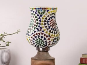 Multicolor Table Lamp | Artistic Mosaic Glass with Sturdy Wood Base | Decorative Ambient Light for Home D�cor | Perfect Blend of Modern & Traditional Style - Model DJE12