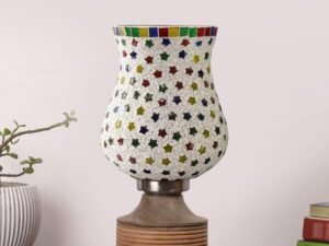 Multicolor Table Lamp | Artistic Mosaic Glass with Sturdy Wood Base | Decorative Ambient Light for Home D�cor | Perfect Blend of Modern & Traditional Style - Model DJE14