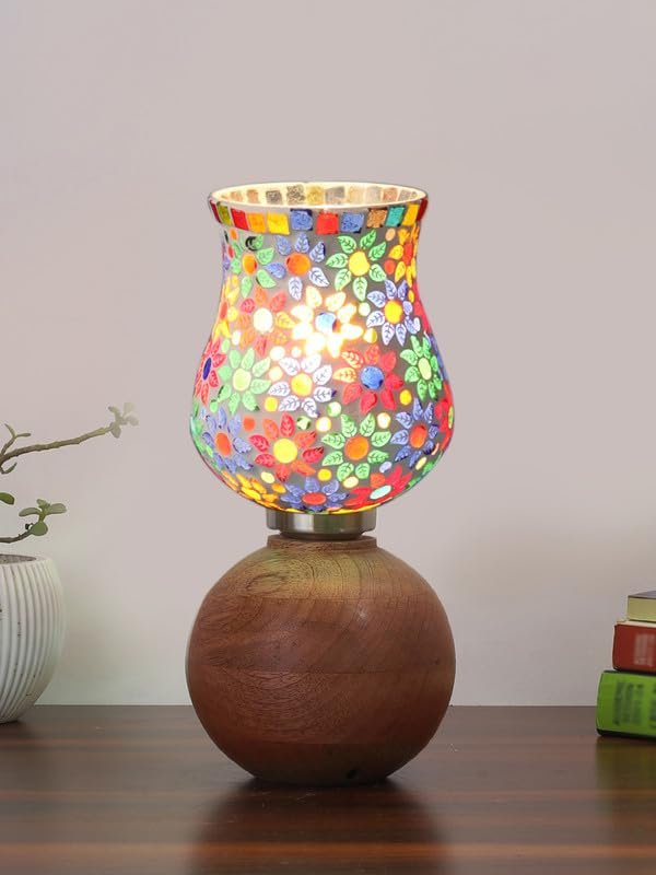 Multicolor Table Lamp | Artistic Mosaic Glass with Sturdy Wood Base | Decorative Ambient Light for Home D�cor | Perfect Blend of Modern & Traditional Style - Model DJF15