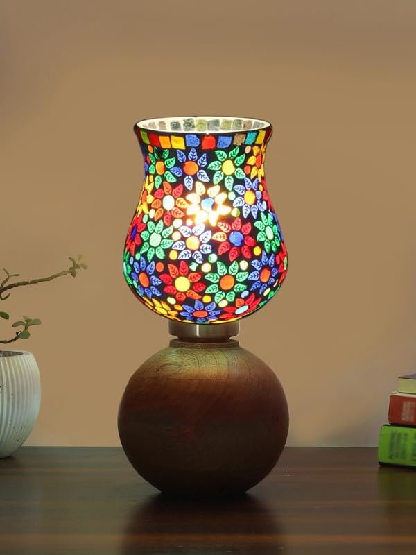 Multicolor Table Lamp | Artistic Mosaic Glass with Sturdy Wood Base | Decorative Ambient Light for Home D�cor | Perfect Blend of Modern & Traditional Style - Model DJF15