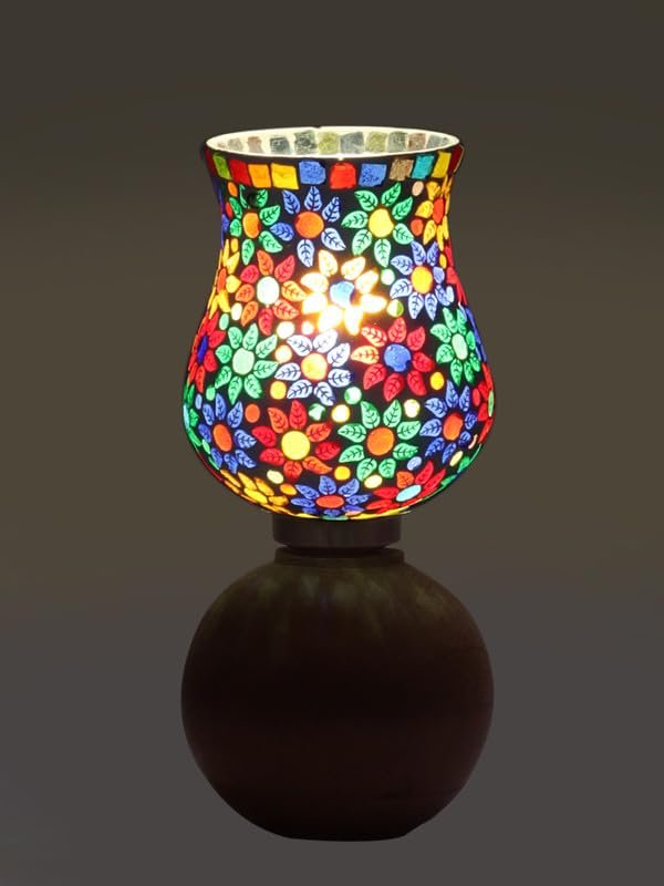 Multicolor Table Lamp | Artistic Mosaic Glass with Sturdy Wood Base | Decorative Ambient Light for Home D�cor | Perfect Blend of Modern & Traditional Style - Model DJF15