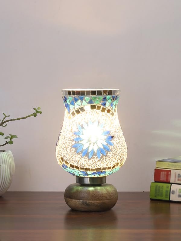 Multicolor Table Lamp | Artistic Mosaic Glass with Sturdy Wood Base | Decorative Ambient Light for Home D�cor | Perfect Blend of Modern & Traditional Style - Model DJJ00