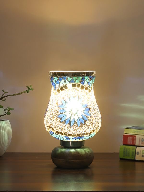 Multicolor Table Lamp | Artistic Mosaic Glass with Sturdy Wood Base | Decorative Ambient Light for Home D�cor | Perfect Blend of Modern & Traditional Style - Model DJJ00