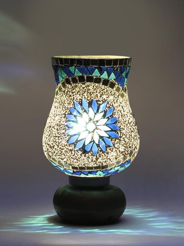 Multicolor Table Lamp | Artistic Mosaic Glass with Sturdy Wood Base | Decorative Ambient Light for Home D�cor | Perfect Blend of Modern & Traditional Style - Model DJJ00