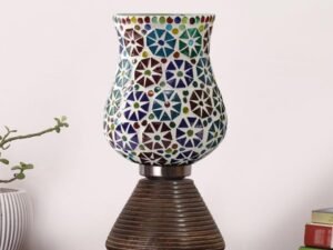Multicolor Table Lamp | Artistic Mosaic Glass with Sturdy Wood Base | Decorative Ambient Light for Home D�cor | Perfect Blend of Modern & Traditional Style - Model DJK11