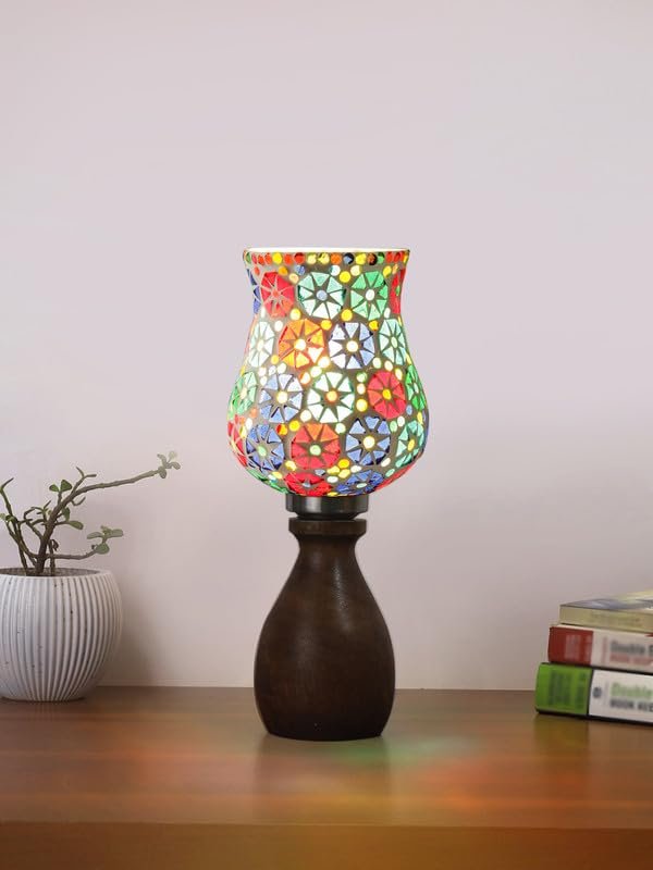 Multicolor Table Lamp | Artistic Mosaic Glass with Sturdy Wood Base | Decorative Ambient Light for Home D�cor | Perfect Blend of Modern & Traditional Style - Model DJM11