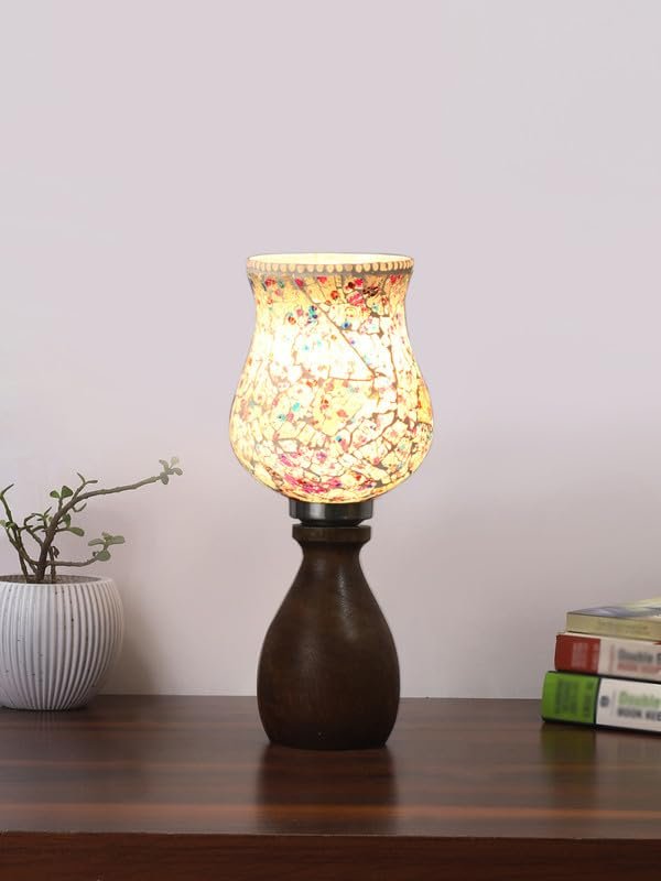 Multicolor Table Lamp | Artistic Mosaic Glass with Sturdy Wood Base | Decorative Ambient Light for Home D�cor | Perfect Blend of Modern & Traditional Style - Model DJM16