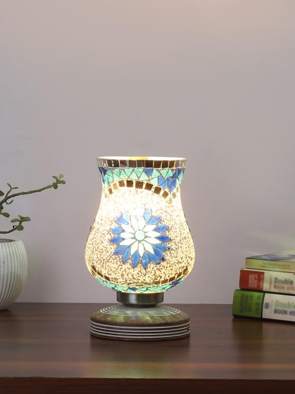 Multicolor Table Lamp | Artistic Mosaic Glass with Sturdy Wood Base | Decorative Ambient Light for Home D�cor | Perfect Blend of Modern & Traditional Style - Model DJM18