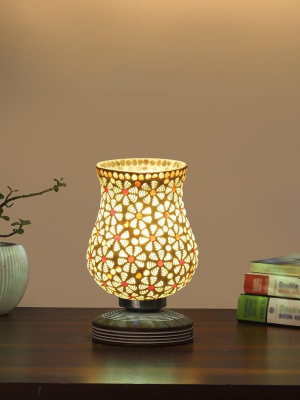 Multicolor Table Lamp | Artistic Mosaic Glass with Sturdy Wood Base | Decorative Ambient Light for Home D�cor | Perfect Blend of Modern & Traditional Style - Model DJP01
