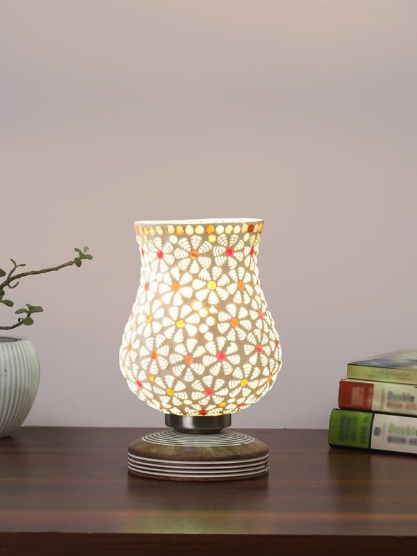 Multicolor Table Lamp | Artistic Mosaic Glass with Sturdy Wood Base | Decorative Ambient Light for Home D�cor | Perfect Blend of Modern & Traditional Style - Model DJP01