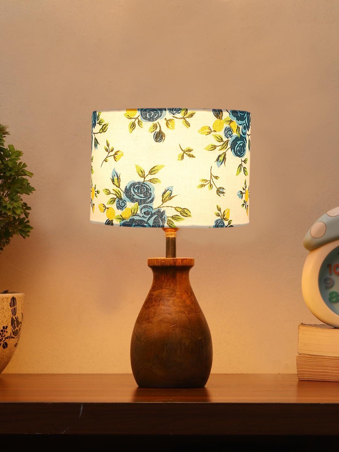Multicolor Cotton Table lamp with Wood Natural Base (7x13 inches)-14