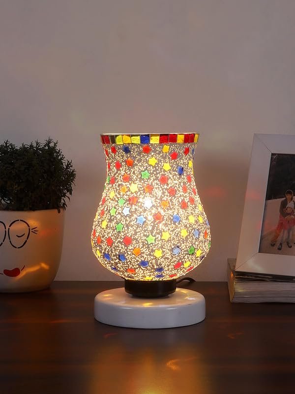 Multicolor Table Lamp | Artistic Mosaic Glass with Sturdy Wood Base | Decorative Ambient Light for Home D�cor | Perfect Blend of Modern & Traditional Style - Model DNM107