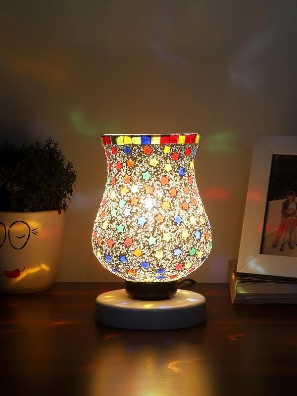 Multicolor Table Lamp | Artistic Mosaic Glass with Sturdy Wood Base | Decorative Ambient Light for Home D�cor | Perfect Blend of Modern & Traditional Style - Model DNM107