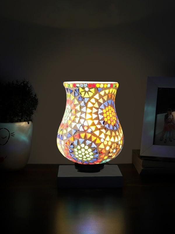 Multicolor Table Lamp | Artistic Mosaic Glass with Sturdy Wood Base | Decorative Ambient Light for Home D�cor | Perfect Blend of Modern & Traditional Style - Model DNM143