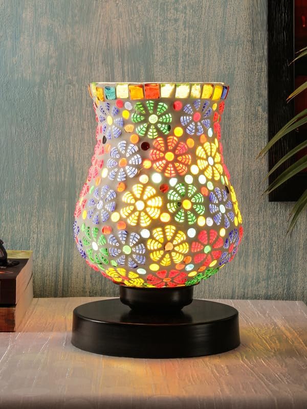 Multicolor Table Lamp | Artistic Mosaic Glass with Sturdy Wood Base | Decorative Ambient Light for Home D�cor | Perfect Blend of Modern & Traditional Style - Model DNM149