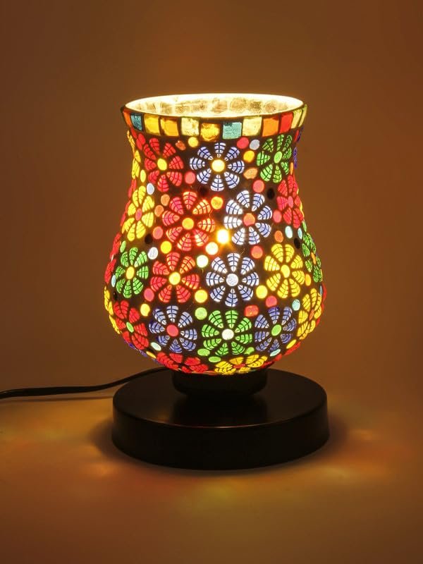 Multicolor Table Lamp | Artistic Mosaic Glass with Sturdy Wood Base | Decorative Ambient Light for Home D�cor | Perfect Blend of Modern & Traditional Style - Model DNM149