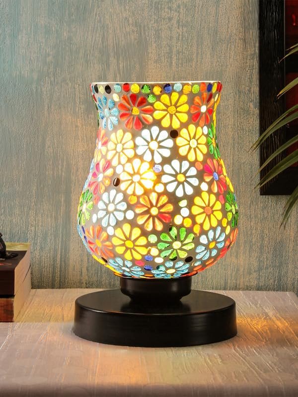 Multicolor Table Lamp | Artistic Mosaic Glass with Sturdy Wood Base | Decorative Ambient Light for Home D�cor | Perfect Blend of Modern & Traditional Style - Model DNM151