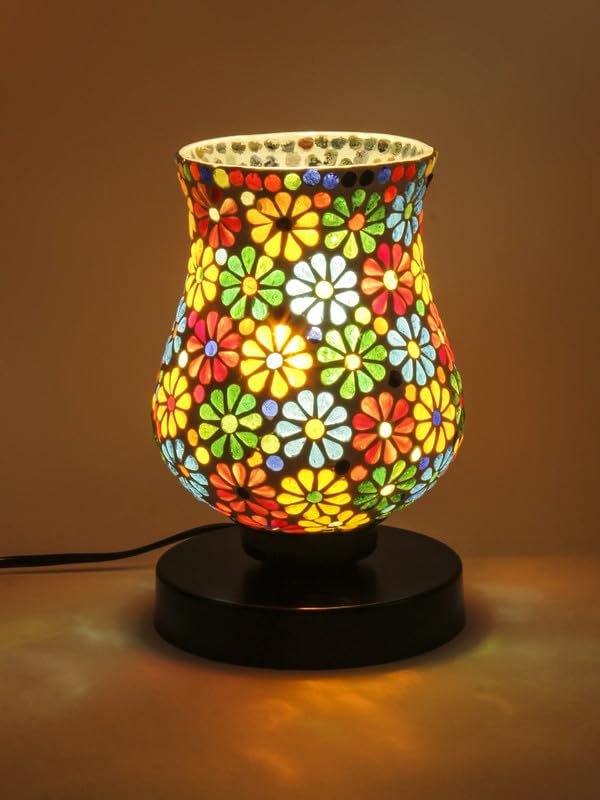 Multicolor Table Lamp | Artistic Mosaic Glass with Sturdy Wood Base | Decorative Ambient Light for Home D�cor | Perfect Blend of Modern & Traditional Style - Model DNM151