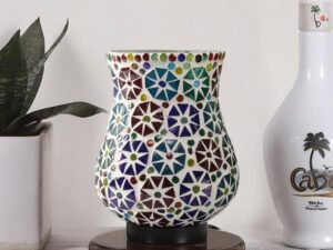 Multicolor Table Lamp | Artistic Mosaic Glass with Sturdy Wood Base | Decorative Ambient Light for Home D�cor | Perfect Blend of Modern & Traditional Style - Model DNM176