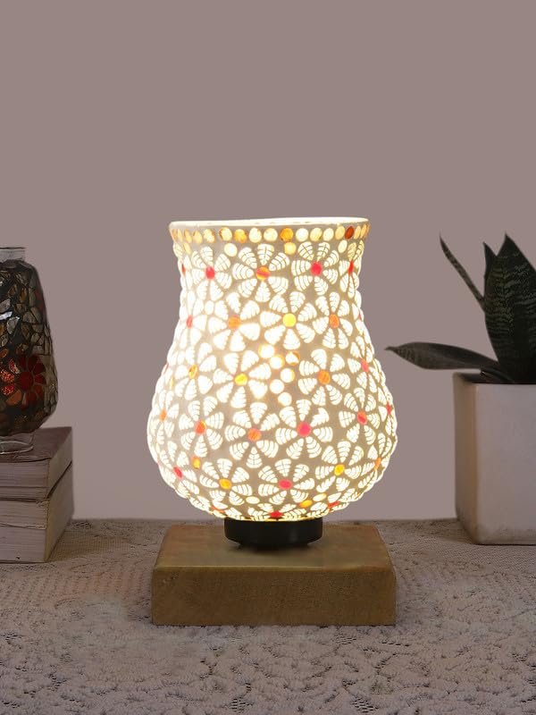 Multicolor Table Lamp | Artistic Mosaic Glass with Sturdy Wood Base | Decorative Ambient Light for Home D�cor | Perfect Blend of Modern & Traditional Style - Model DNM49