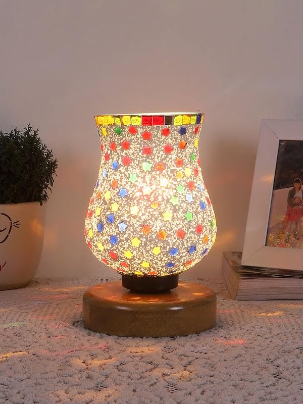 Multicolor Table Lamp | Artistic Mosaic Glass with Sturdy Wood Base | Decorative Ambient Light for Home D�cor | Perfect Blend of Modern & Traditional Style - Model DNM64