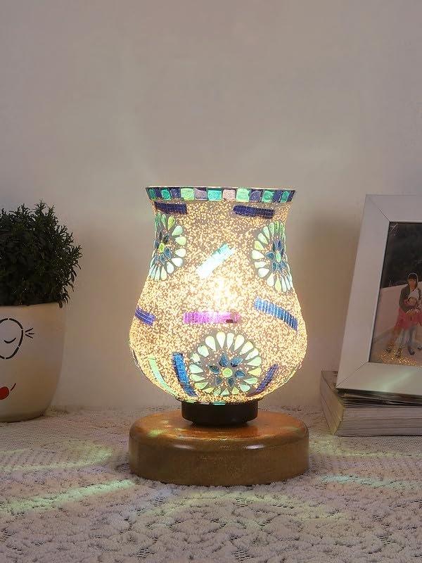 Multicolor Table Lamp | Artistic Mosaic Glass with Sturdy Wood Base | Decorative Ambient Light for Home D�cor | Perfect Blend of Modern & Traditional Style - Model DNM68