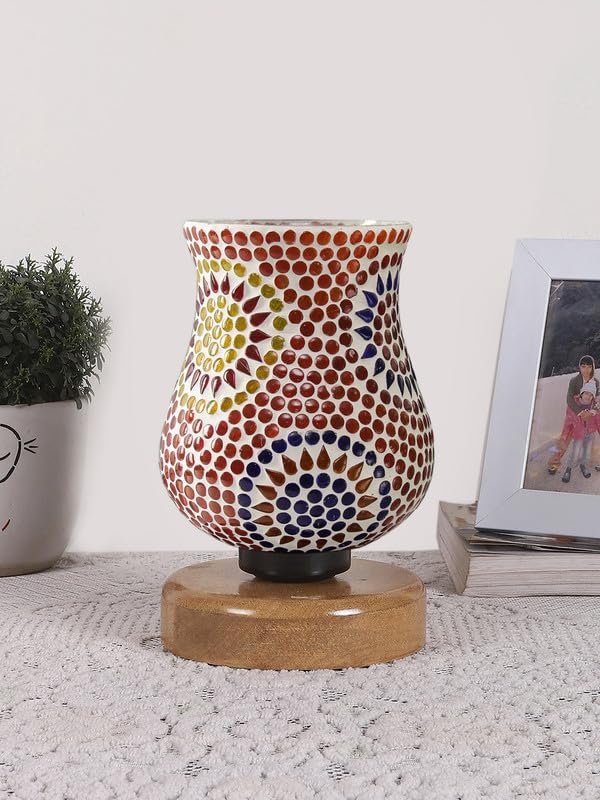 Multicolor Table Lamp | Artistic Mosaic Glass with Sturdy Wood Base | Decorative Ambient Light for Home D�cor | Perfect Blend of Modern & Traditional Style - Model DNM75