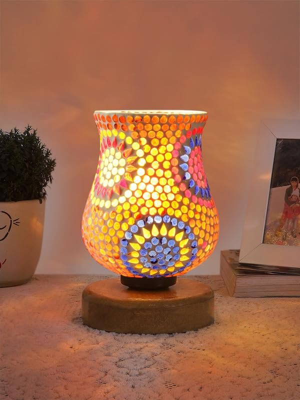 Multicolor Table Lamp | Artistic Mosaic Glass with Sturdy Wood Base | Decorative Ambient Light for Home D�cor | Perfect Blend of Modern & Traditional Style - Model DNM75