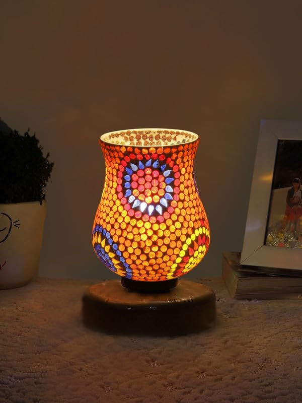 Multicolor Table Lamp | Artistic Mosaic Glass with Sturdy Wood Base | Decorative Ambient Light for Home D�cor | Perfect Blend of Modern & Traditional Style - Model DNM75