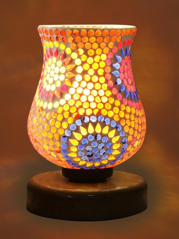 Multicolor Table Lamp | Artistic Mosaic Glass with Sturdy Wood Base | Decorative Ambient Light for Home D�cor | Perfect Blend of Modern & Traditional Style - Model DNM75