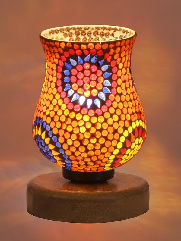 Multicolor Table Lamp | Artistic Mosaic Glass with Sturdy Wood Base | Decorative Ambient Light for Home D�cor | Perfect Blend of Modern & Traditional Style - Model DNM75