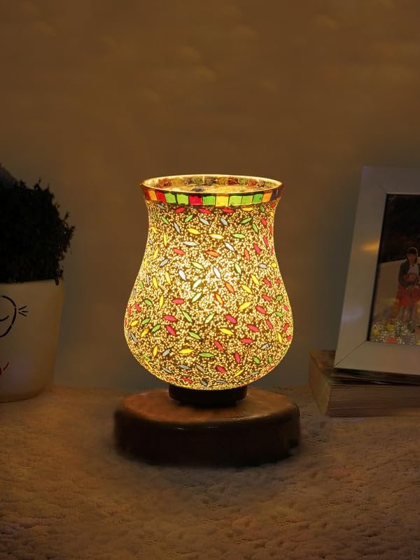 Multicolor Table Lamp | Artistic Mosaic Glass with Sturdy Wood Base | Decorative Ambient Light for Home D�cor | Perfect Blend of Modern & Traditional Style - Model DNM80